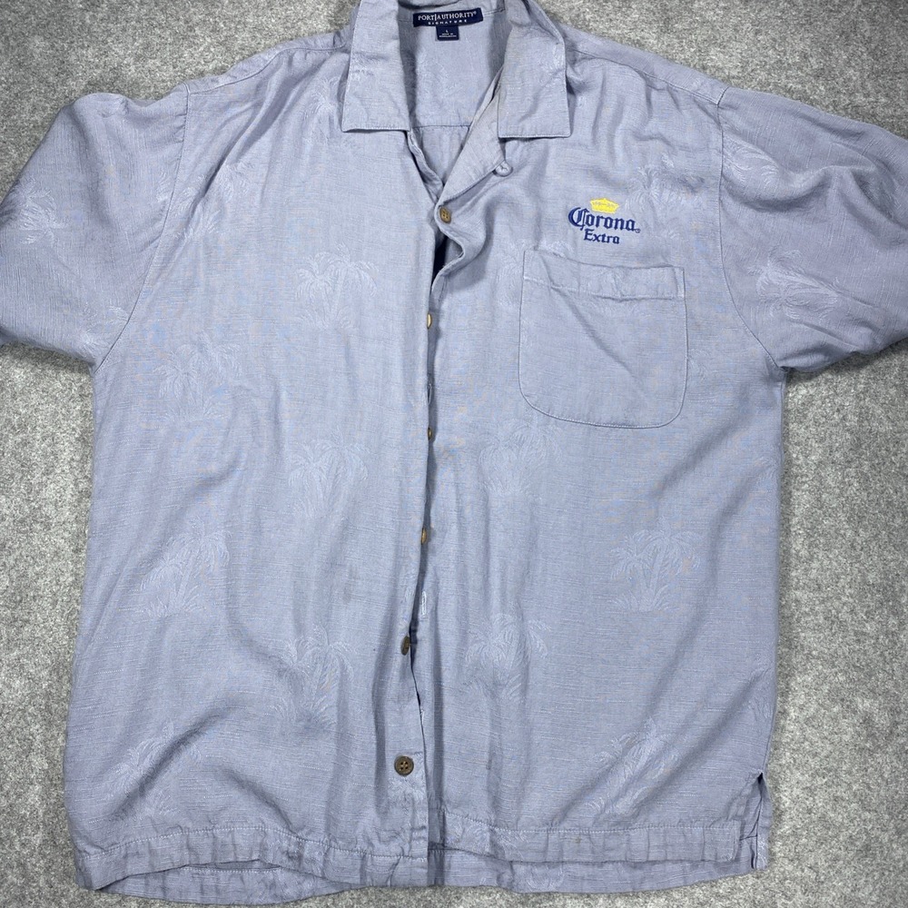Port Authority Corona Extra Blue Rayon Palm Jacquard Shirt Mens Large 12-0135